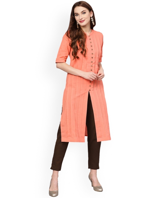 

Jaipur Kurti Women Coral Floral Yoke Design Pleated Pure Cotton Kurti with Trousers