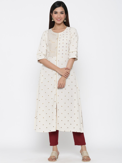 

Jaipur Kurti Women Off White & Maroon Printed Panelled Kurta with Trousers