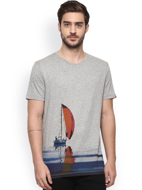 

SPYKAR Men Grey Melange Printed Round Neck Slim Fit T-shirt