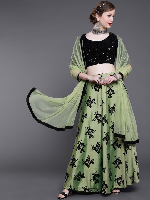

saubhagya Women Sage Green & Black Printed Ready to Wear Lehenga & Blouse With Dupatta