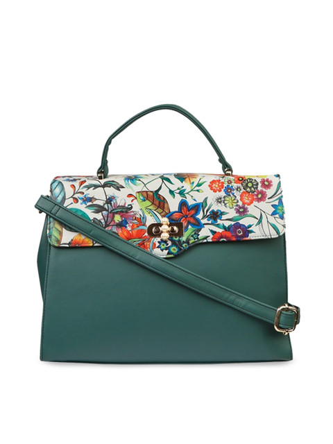 

LEGAL BRIBE Green Floral Printed PU Structured Satchel