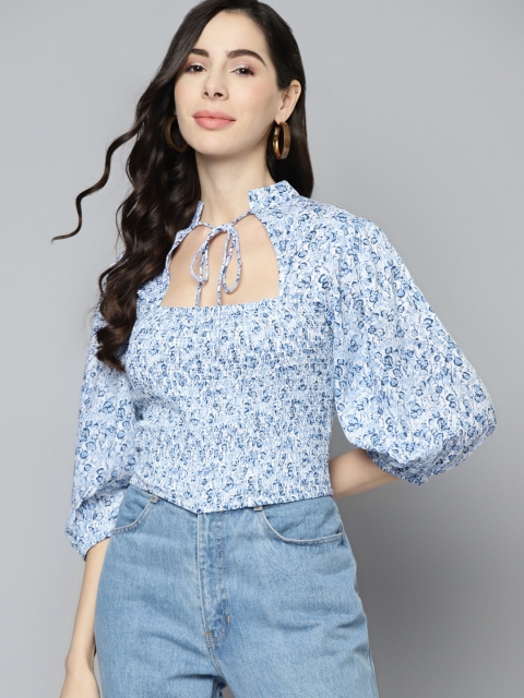 

VividArtsy White & Blue Floral Print Tie-Up Neck Cotton Smocked Top