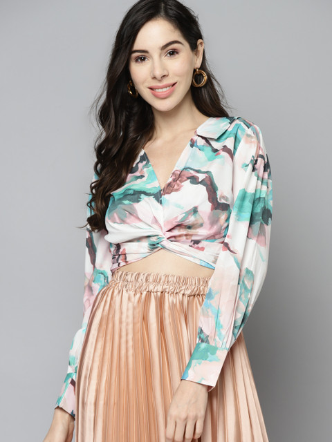 

VividArtsy Off White & Green Print Twisted Wrap Crop Top
