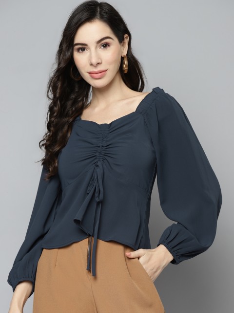 

VividArtsy Navy Blue Solid Sweetheart Neck Crepe Top