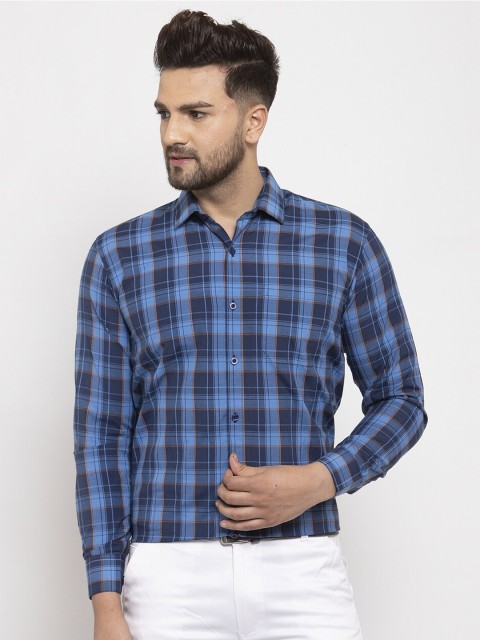 

JAINISH Men Blue Standard Checked Pure Cotton Formal Shirt