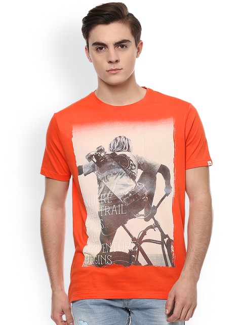 

SPYKAR Men Orange Printed Round Neck Slim Fit T-shirt