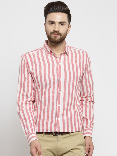 

JAINISH Men Red Standard Striped Pure Cotton Formal Shirt