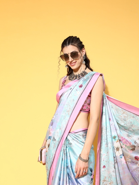 

Mitera Floral Saree with Solid border, Blue