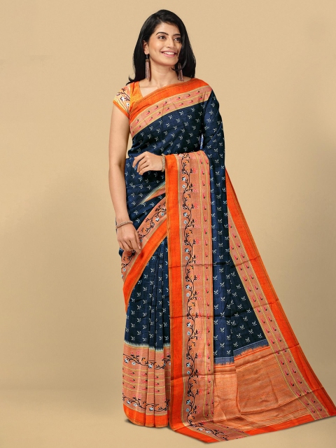 

Kalamandir Navy Blue & Orange Floral Silk Blend Saree