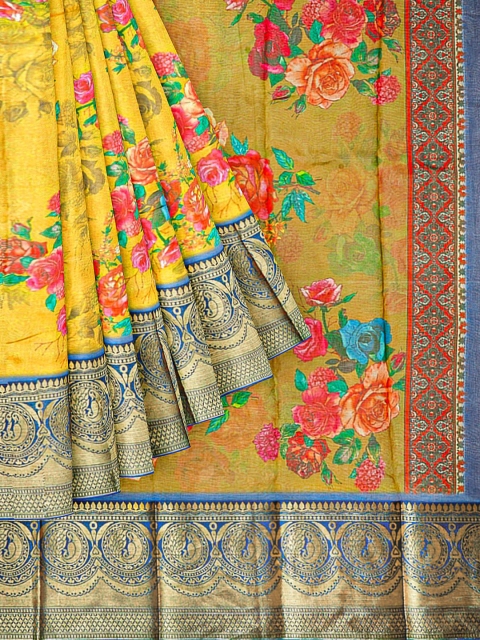 

Kalamandir Yellow & Blue Floral Silk Blend Saree
