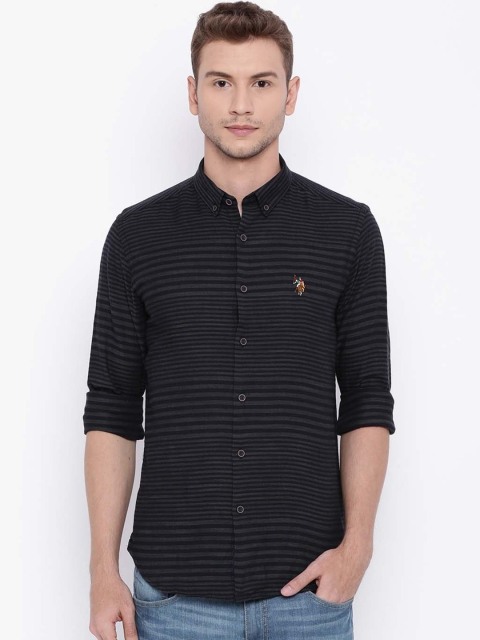 U.S. Polo Assn. Denim Co. Men Black & Grey Regular Fit Striped Casual Shirt