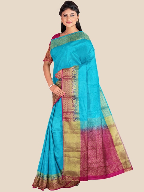 

Kalamandir Blue & Magenta Ethnic Motifs Zari Banarasi Saree