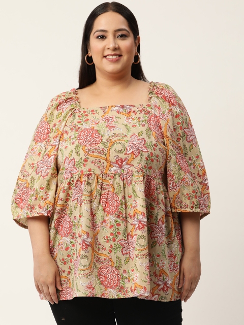 

Revolution Plus Size Olive Green & Pink Floral Print Pure Cotton Top
