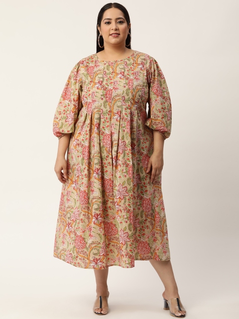 

Revolution Plus Size Olive Green & Fuchsia Floral Pure Cotton Midi Dress