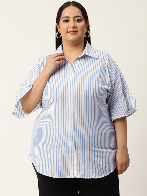 

Revolution Plus Size White & Blue Striped Pure Cotton Shirt Style Top