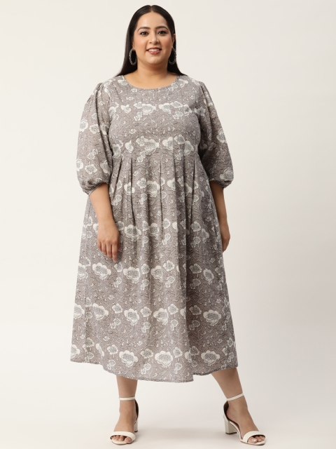 

Revolution Plus Size Taupe & White Floral Pure Cotton Midi Dress