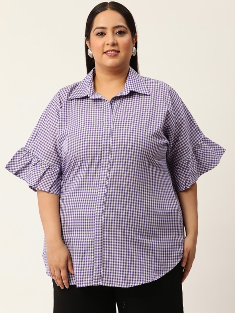 

Revolution Plus Size Purple & White Checked Monochrome Pure Cotton Shirt Style Top