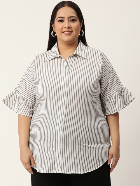 Revolution Plus Size Off White & Grey Striped Pure Cotton Shirt Style Top