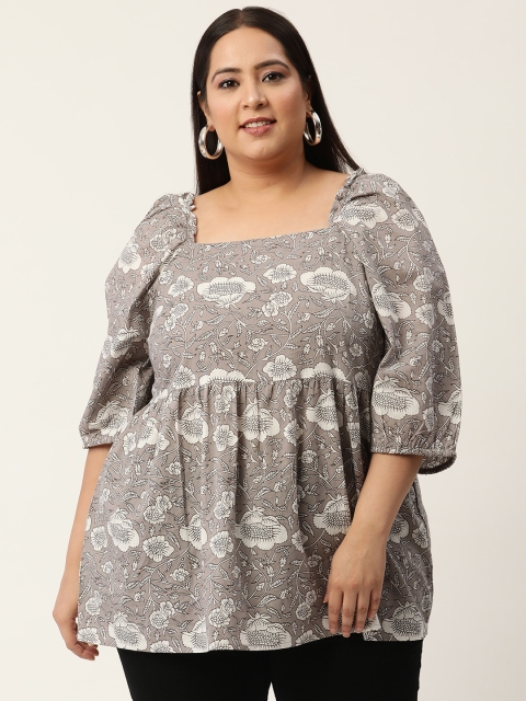 

Revolution Plus Size Taupe & White Floral Pure Cotton Cinched Waist Top