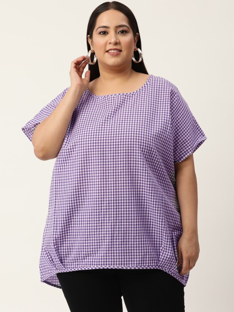 

Revolution Plus Size Purple & White Checked Extended Sleeves Pure Cotton Top