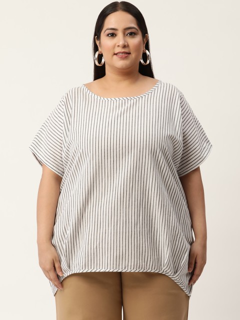 

Revolution Plus Size White & Grey Striped Extended Sleeves Pure Cotton High-Low Top