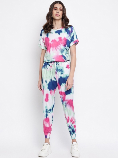

iki chic Women White & Blue Printed T-shirt with Joggers