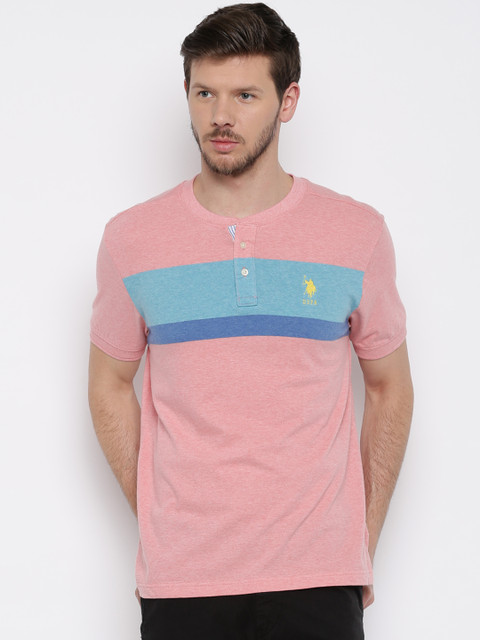 

U.S. Polo Assn. Men Pink Colourblocked Henley T-shirt