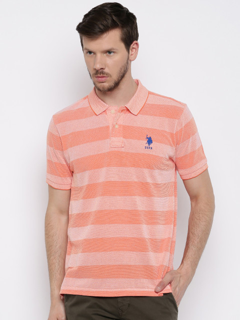

U.S. Polo Assn. Men Orange Striped Polo Pure Cotton T-shirt