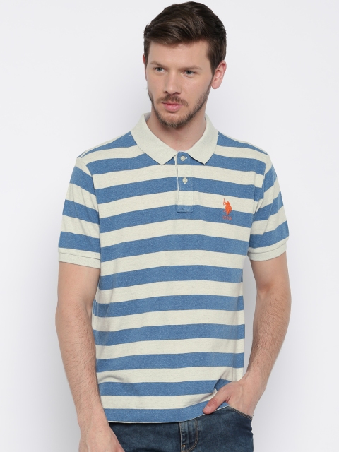 

U.S. Polo Assn. Men White & Blue Striped Polo T-shirt