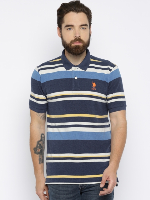 

U.S. Polo Assn. Men Navy White Striped Polo Pure Cotton T-shirt, Navy blue