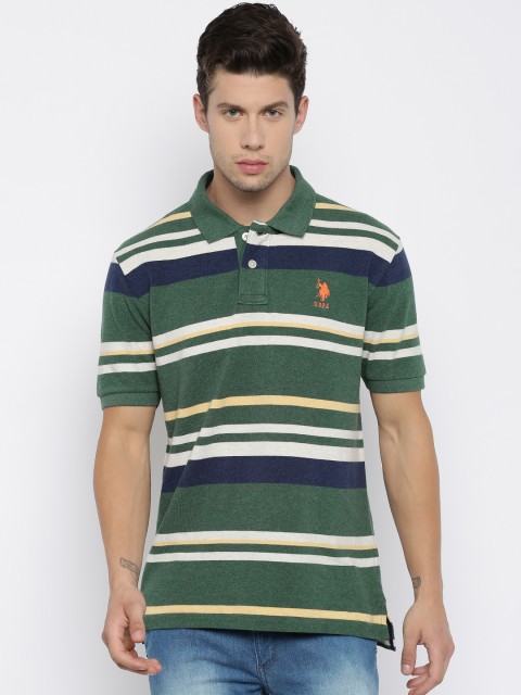 

U.S. Polo Assn. Men Green & Off-White Striped Polo T-shirt