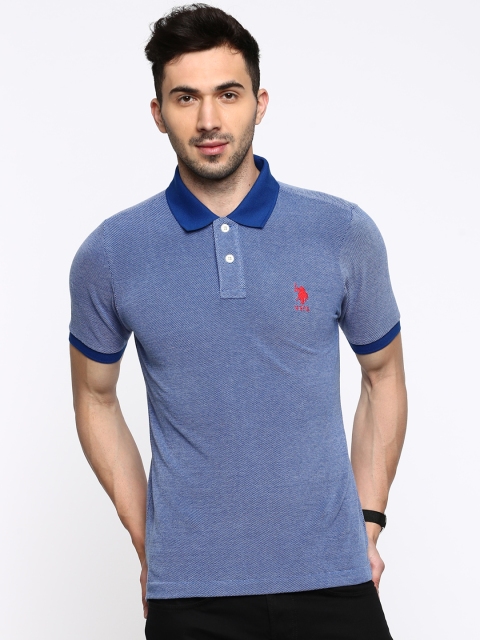 

U.S. Polo Assn. Men Blue Self-Design Polo Pure Cotton T-shirt