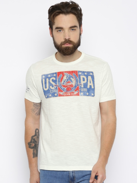 

U.S. Polo Assn. Denim Co. Men Off-White Printed Round Neck Pure Cotton T-shirt