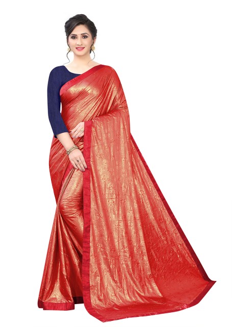

Jashvi Creation Red & Gold-Toned Woven Design Zari Satin Saree