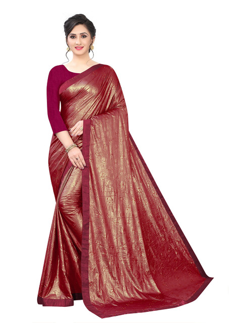 

Jashvi Creation Maroon & Gold-Toned Floral Beads and Stones Satin Saree