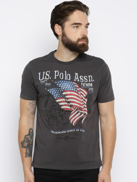 

U.S. Polo Assn. Men Charcoal Grey Printed Round Neck Pure Cotton T-shirt