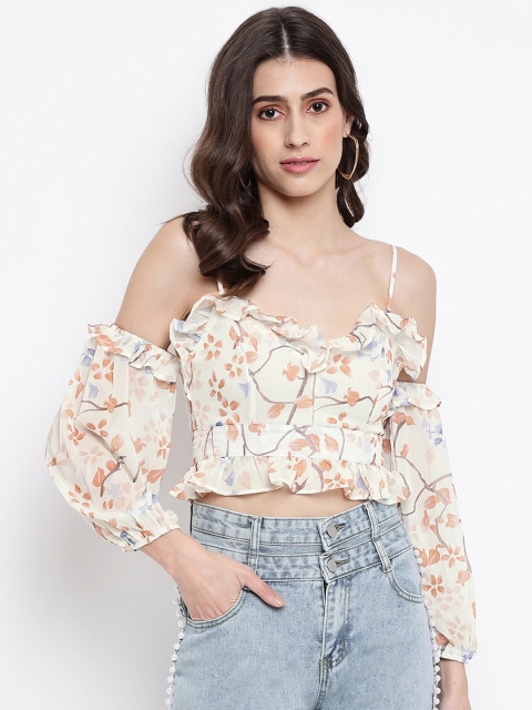 

iki chic Women White & Rust Floral Printed Ruffles Chiffon Blouson Crop Top