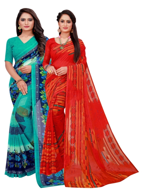 

SAADHVI Turquoise Blue & Red Floral Pure Georgette Saree