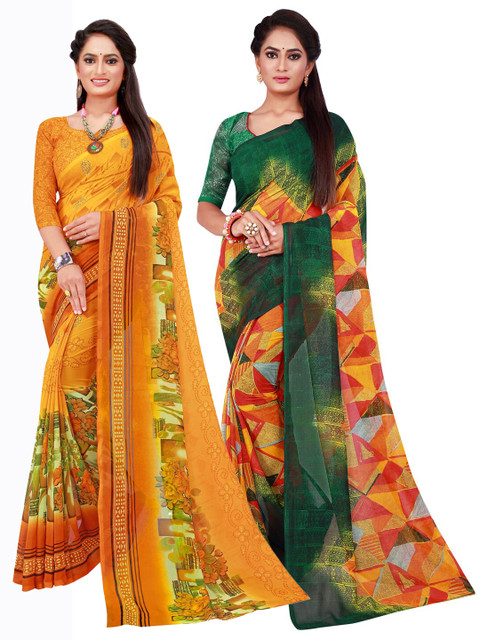 

Florence Yellow & Green Set of 2 Pure Georgette Saree