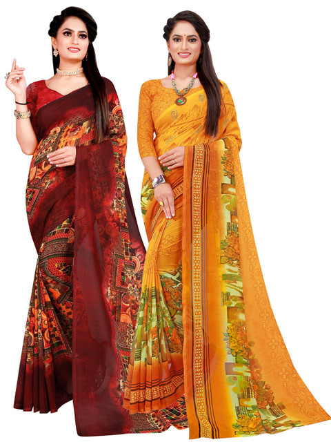 

Florence Yellow & Maroon Pure Georgette Saree