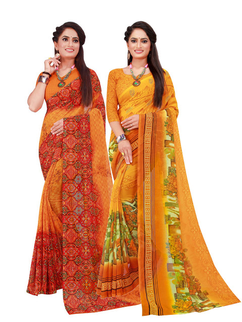 

Florence Pack Of 2 Yellow & Red Ethnic Motifs Printed Pure Georgette Saree