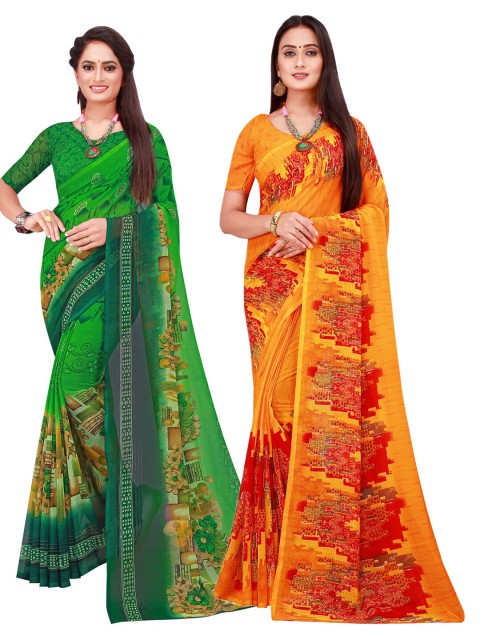 

Florence Pack of 2 Green & Orange Pure Georgette Saree
