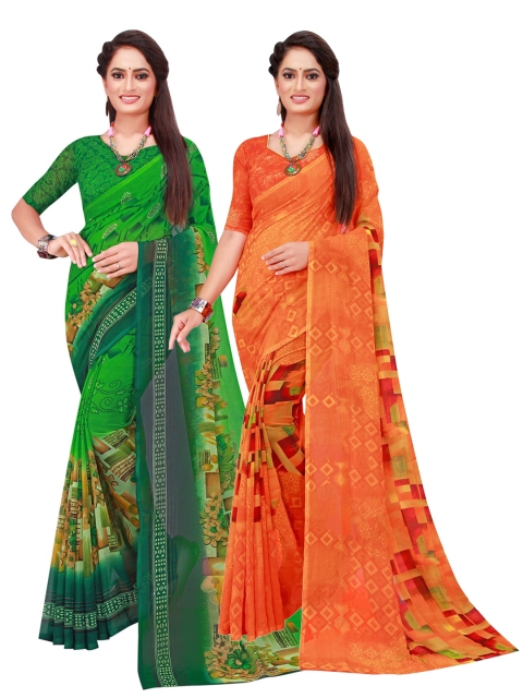

Florence Green & Orange Geometric Pack of 2 Pure Georgette Saree