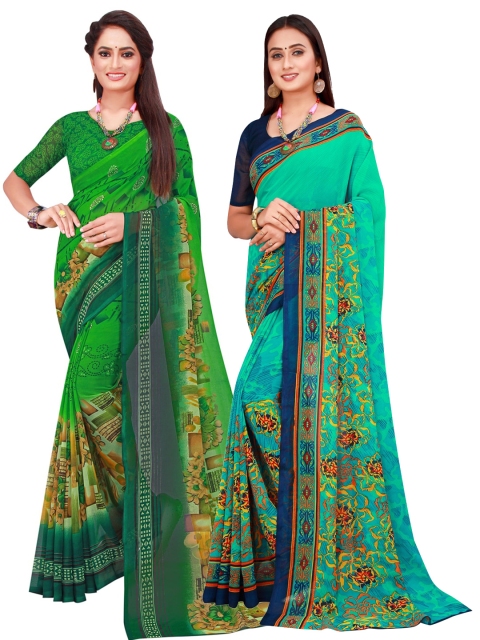 

Florence Green & Beige Set Of 2 Floral Pure Georgette Saree