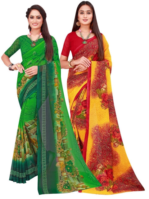 

Florence Green & Maroon Pack of 2 Floral Pure Georgette Saree