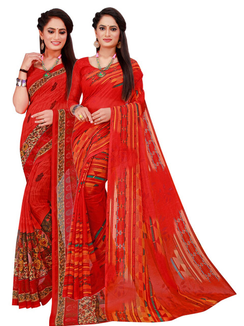 

Florence Red Pack of 2 Floral Pure Georgette Saree