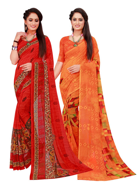 

Florence Orange & Red Set Of 2 Floral Pure Georgette Saree