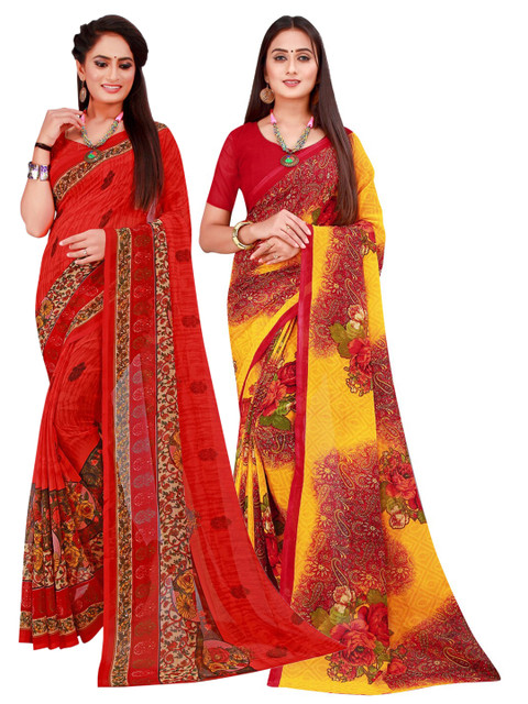 

Florence Red & Yellow Pack of 2 Floral Pure Georgette Saree