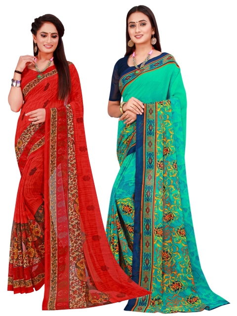 

Florence Green & Red Set Of 2 Floral Pure Georgette Saree