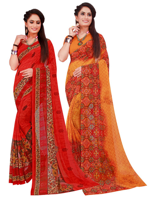 

Florence Orange & Red Set Of 2 Floral Pure Georgette Saree